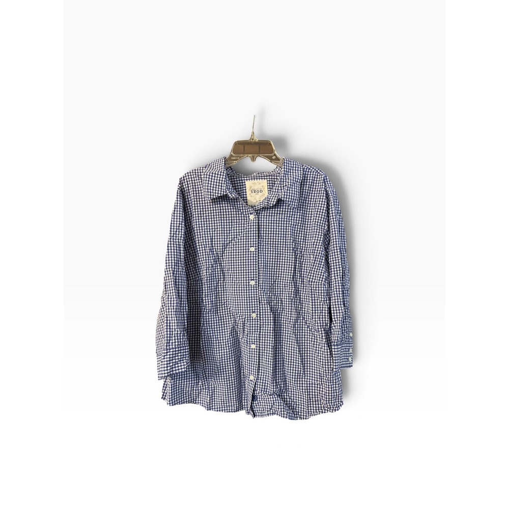 IZOD Womens 2X Gingham Button Down Shirt Navy Blue White Long Sleeve Checked Top